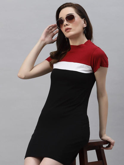 Rigo Women Maroon Black White Color Block Round Neck Short Sleeve Bodycon Dress