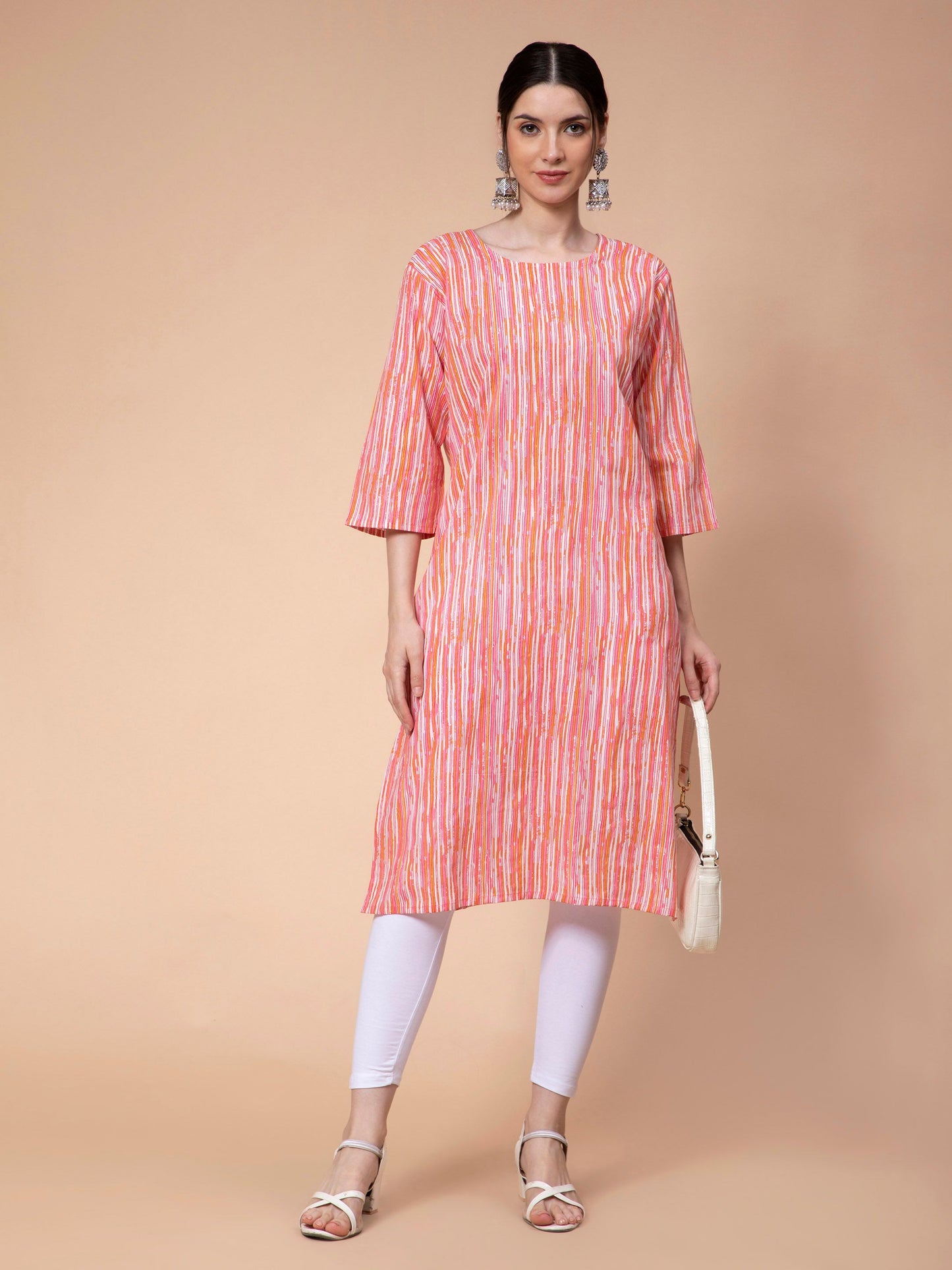 Fabclub Cotton Striped Straight Women Kurti (Peach)