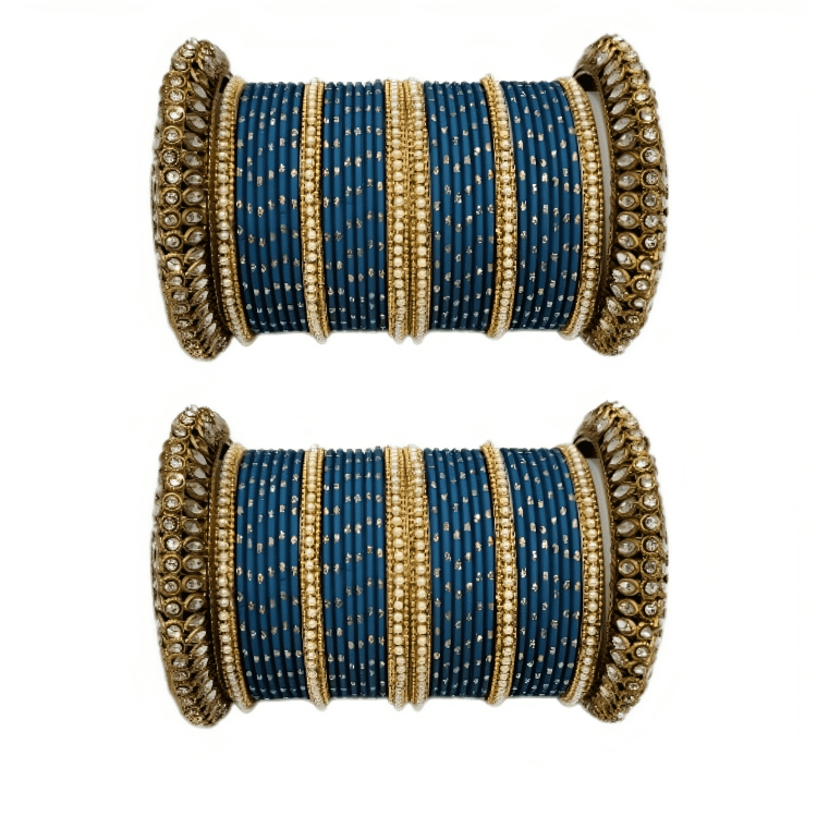 Set of 2 Golden Oxidised Kada with Matte Texture Dot Metal Bangles Set