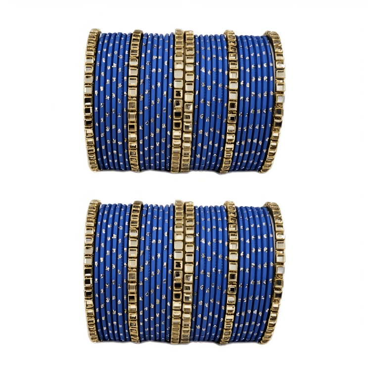 "Set of 2 Golden Dot Texture Metal Bangles Set with Brass Square Kundan Stones"