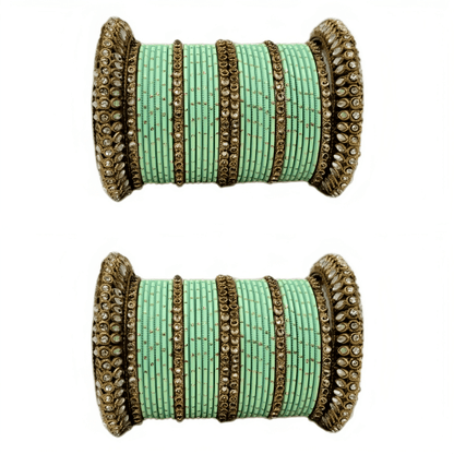 Golden Delight: Oxidized Metal Kada and Brass Stone Bangle Set of 2