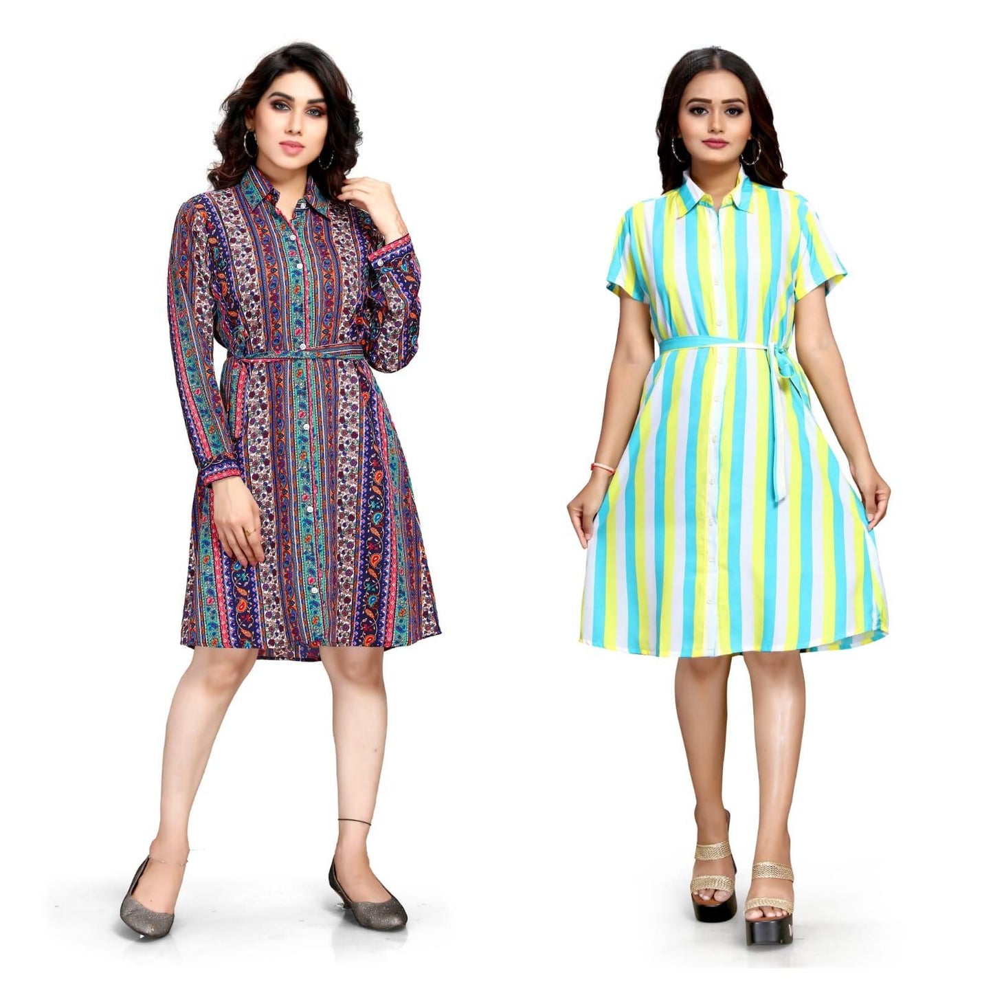 Women's Crepe Printed Shirt Style Short Dress Buy 1 Get 1 Free