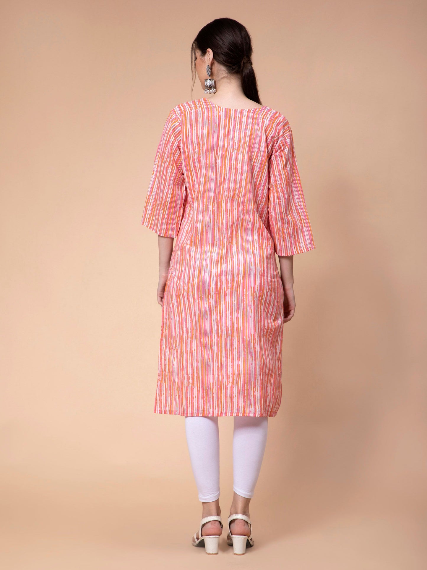 Fabclub Cotton Striped Straight Women Kurti (Peach)