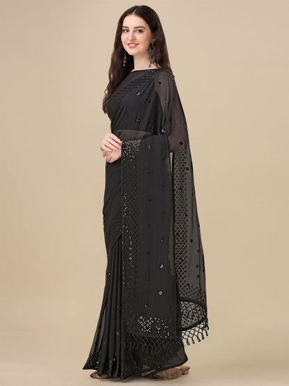 Fancy Sequined Embroidered Black Coloured Georgette Saree with Blouse Piece