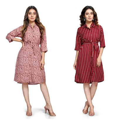 Women's Crepe Printed Shirt Style Short Dress Buy 1 Get 1 Free