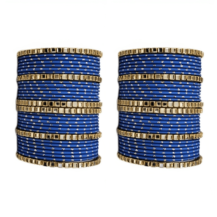 "Set of 2 Golden Dot Texture Metal Bangles Set with Brass Square Kundan Stones"