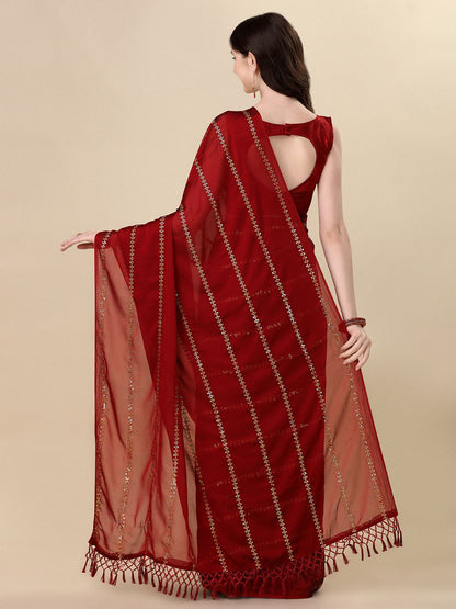 Fancy Sequined Embroidered Red Coloured Silk Saree with Blouse Piece