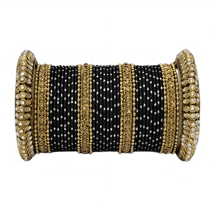 Radiant Bright Texture Bangles with Golden Oxidized Kada Set