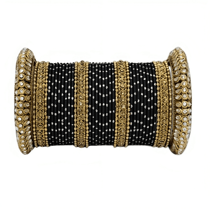 Radiant Bright Texture Bangles with Golden Oxidized Kada Set