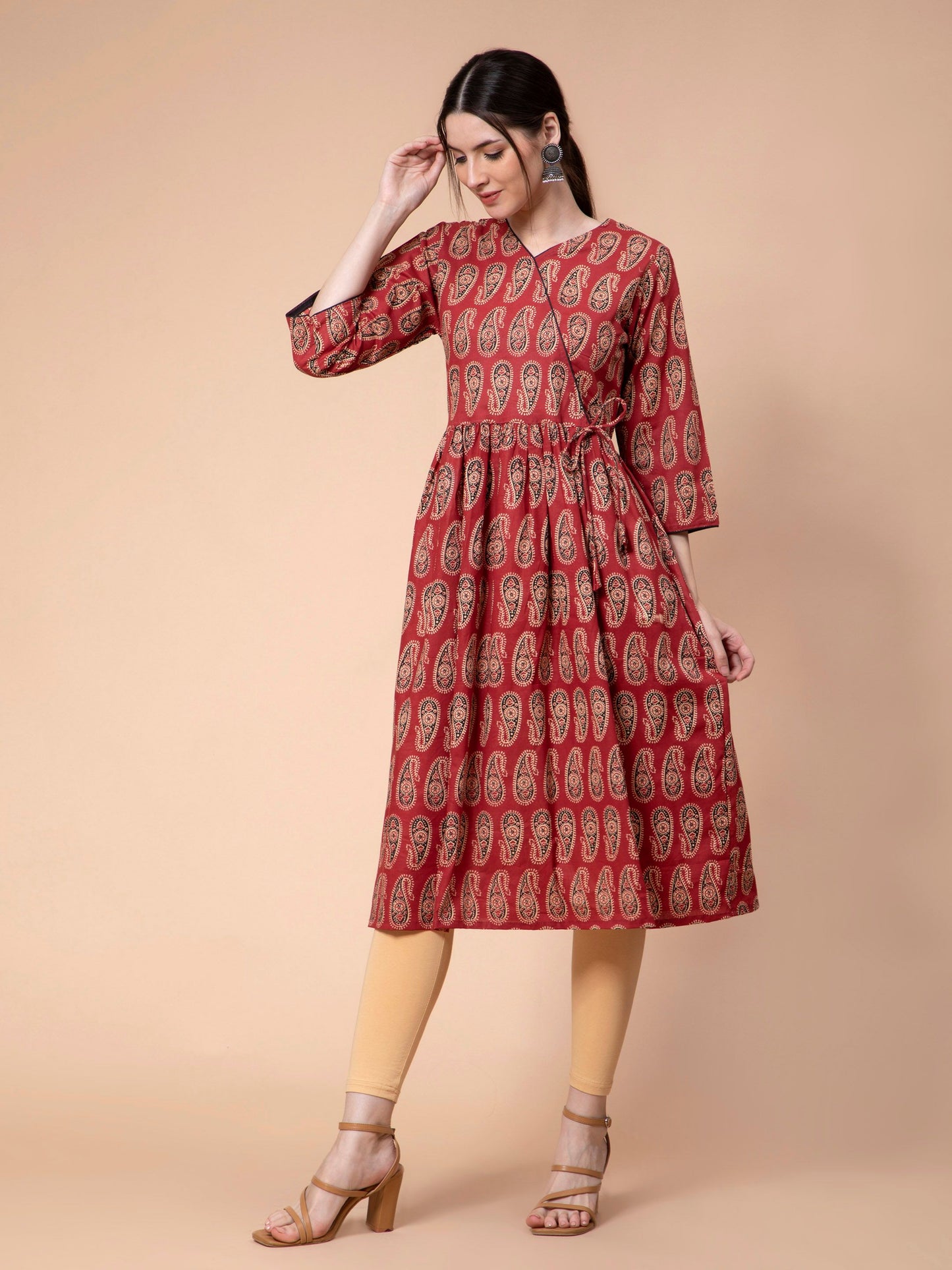 Fabclub Cotton Ajrakh Printed Angarkha Anarkali Women Kurti (Maroon)