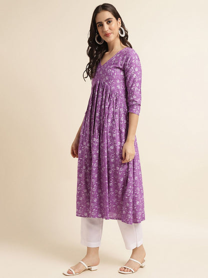 Fabclub Rayon Anarkali Printed Women Kurti (Purple)