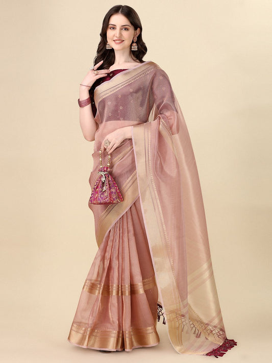 Fancy Embellished Beige and Maroon Coloured Silk Saree with Blouse Piece