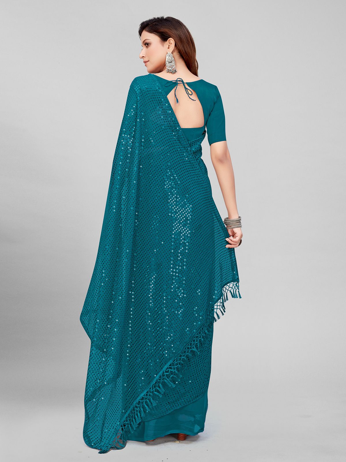 Fancy Sequined Embroidered Teal Blue Coloured Georgette Saree with Blouse Piece