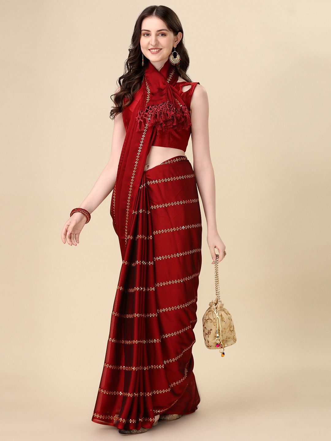 Fancy Sequined Embroidered Red Coloured Silk Saree with Blouse Piece