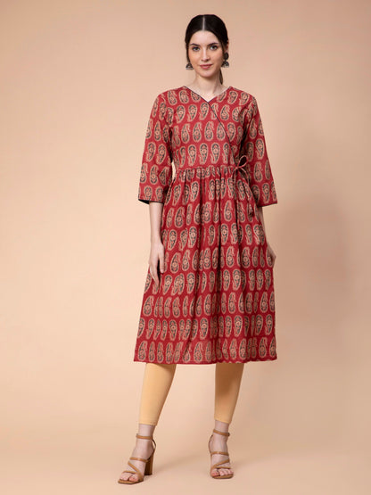 Fabclub Cotton Ajrakh Printed Angarkha Anarkali Women Kurti (Maroon)