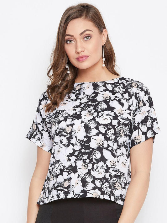 UPTOWNIE Women's Crepe Floral Boat Neck Boxy Top