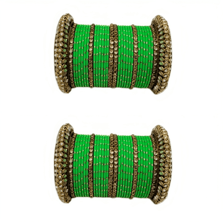 Pair of 2 Set Brass Stone Bangles with Golden Dots Matte Texture Metal Bangles"