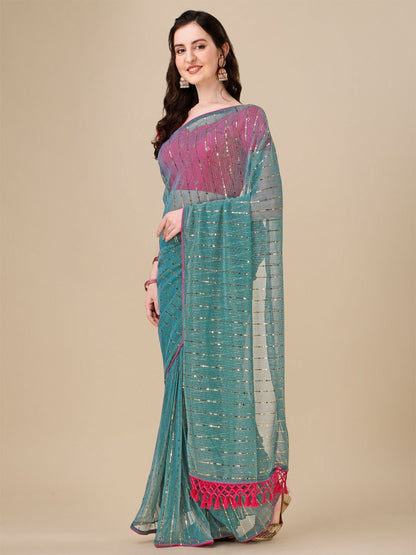 Fancy Embellished Turquoise Coloured Silk Blend Saree with Blouse Piece