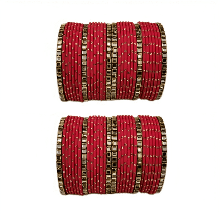 "Set of 2 Golden Dot Texture Metal Bangles Set with Brass Square Kundan Stones"