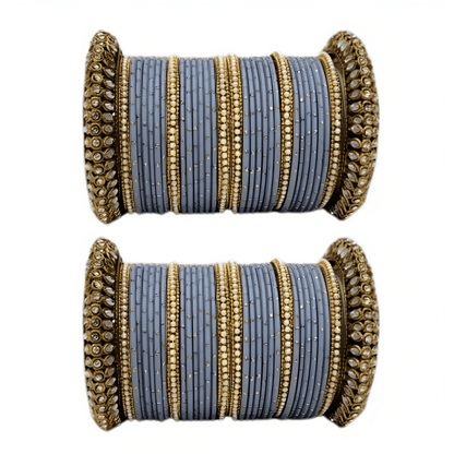 Set of 2 Golden Oxidised Kada with Matte Texture Dot Metal Bangles Set