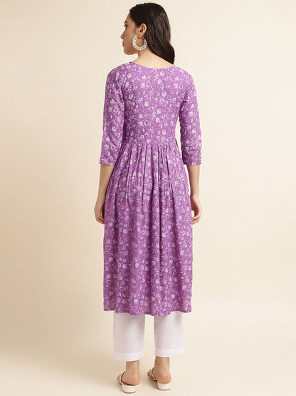 Fabclub Rayon Anarkali Printed Women Kurti (Purple)