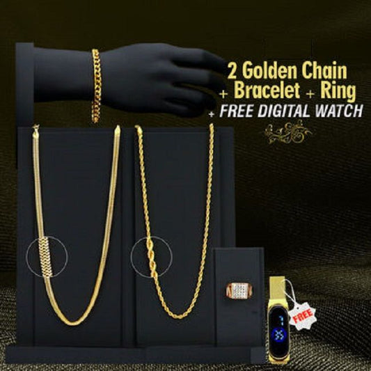 Fidato Pack Of 2 Golden Chain With Golden Bracelet And Diamond Ring + Free Digital Watch Combo