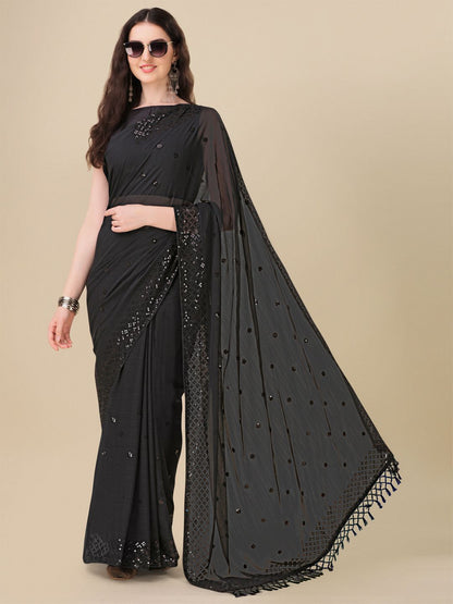 Fancy Sequined Embroidered Black Coloured Georgette Saree with Blouse Piece