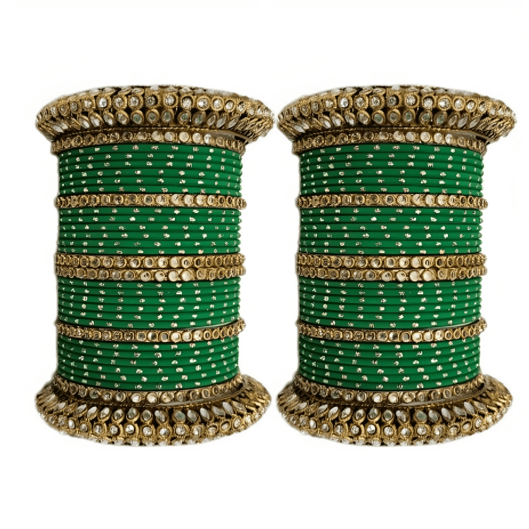 Pair of 2 Set Brass Stone Bangles with Golden Dots Matte Texture Metal Bangles"