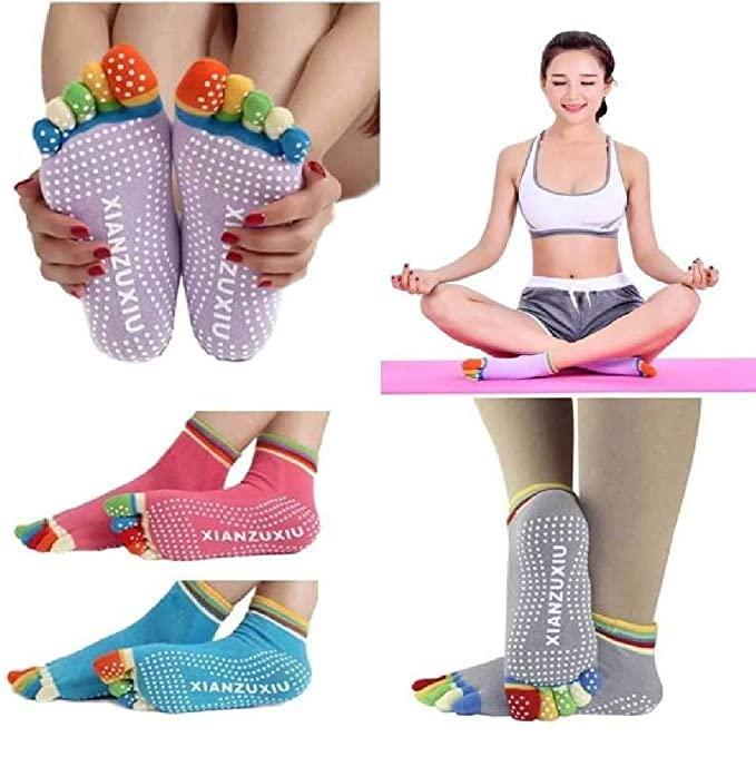 Women's Cotton Anti Slip Five Finger Yoga & Gym Ankle Length Printed Socks with No Fall Grip Under Pack of 1 Pair