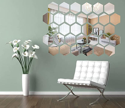 12 Hexagon Silver Mirror Stickers For Wall, Acrylic Sticker, Hexagonal Mirror Wall Sticker For Hall Room, Bed Room, Kitchen