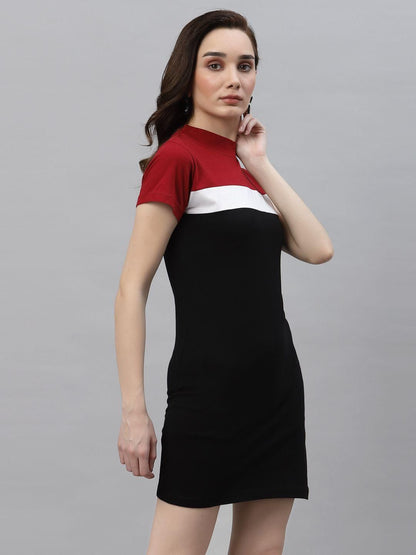 Rigo Women Maroon Black White Color Block Round Neck Short Sleeve Bodycon Dress