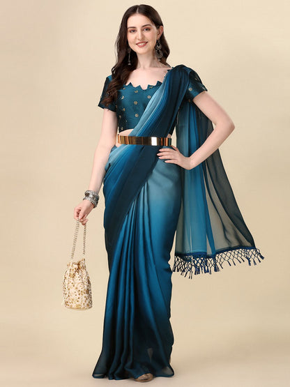 Fancy Embellished Teal Blue Coloured Silk Saree with Blouse Piece