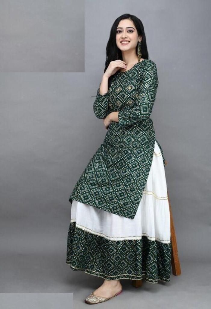 Attractive Printed Rayon Kurti Skirt Set