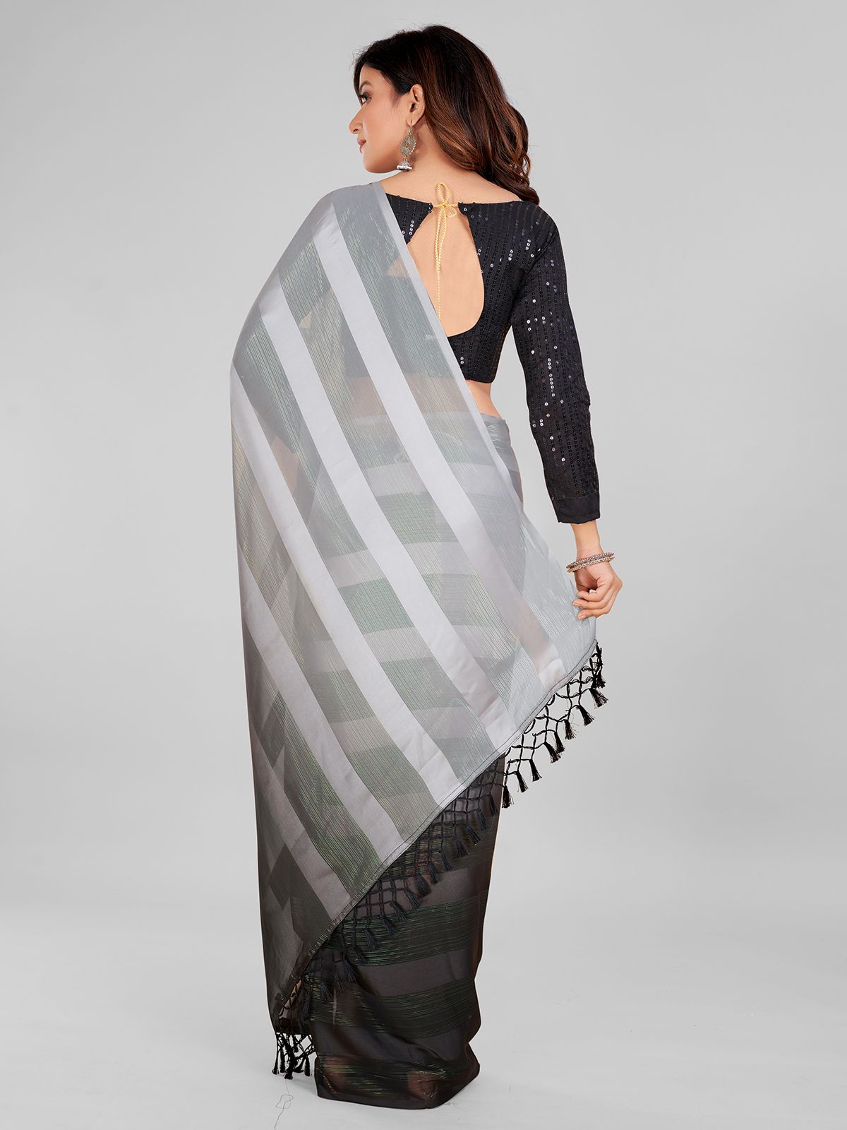 Fancy Embellished Grey and Black Coloured Silk Blend Saree with Blouse Piece