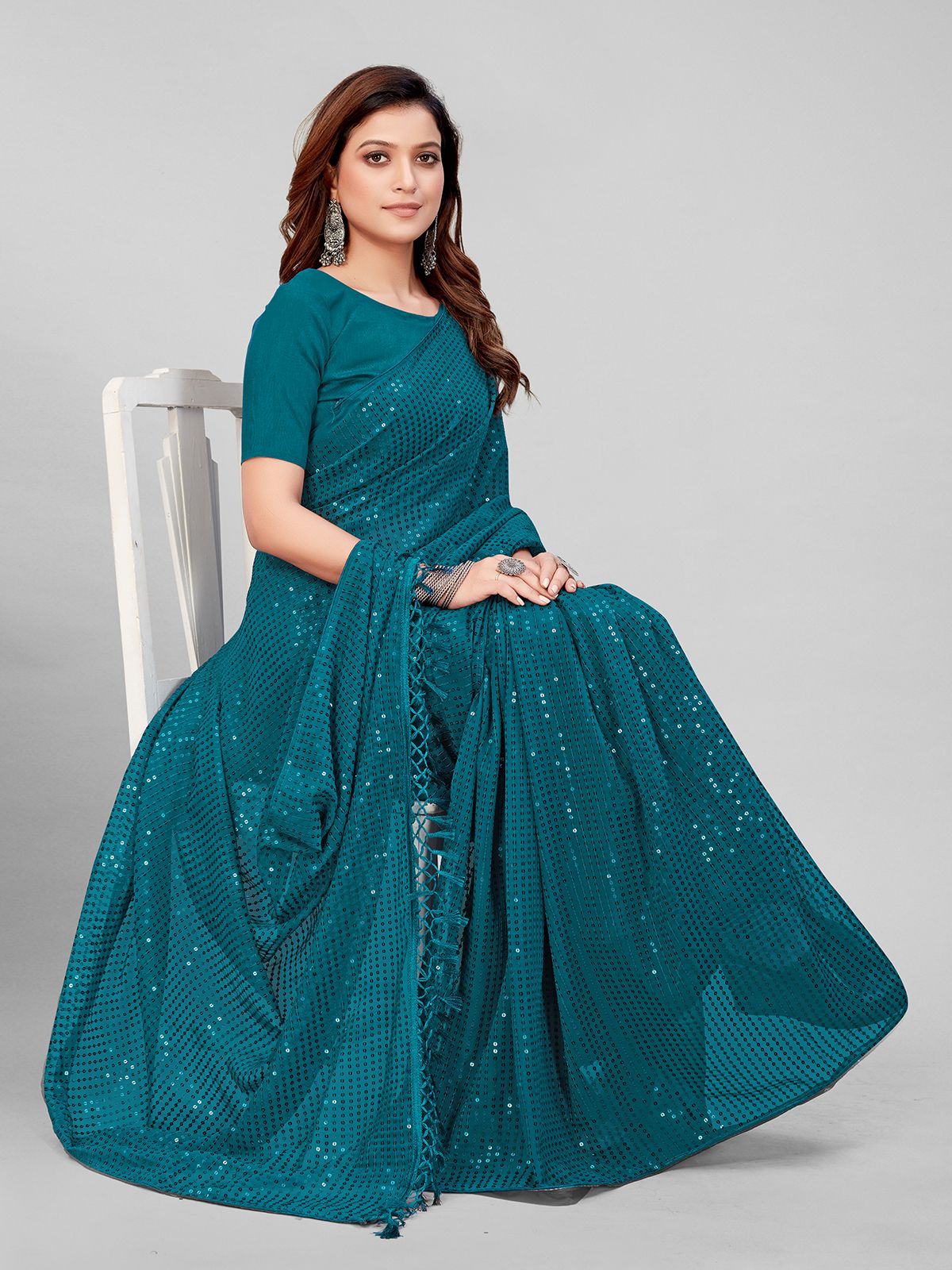 Fancy Sequined Embroidered Teal Blue Coloured Georgette Saree with Blouse Piece