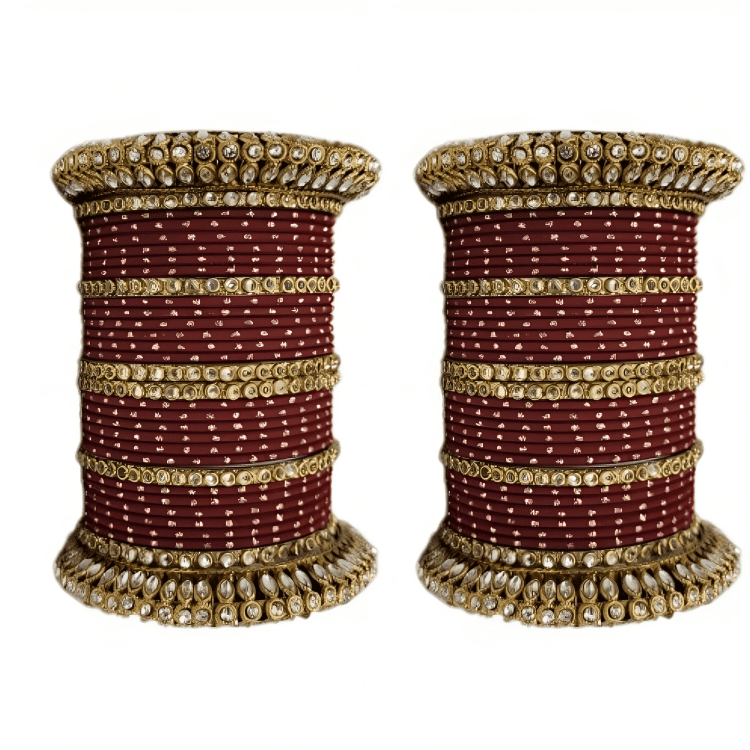 Pair of 2 Set Brass Stone Bangles with Golden Dots Matte Texture Metal Bangles"