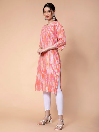 Fabclub Cotton Striped Straight Women Kurti (Peach)