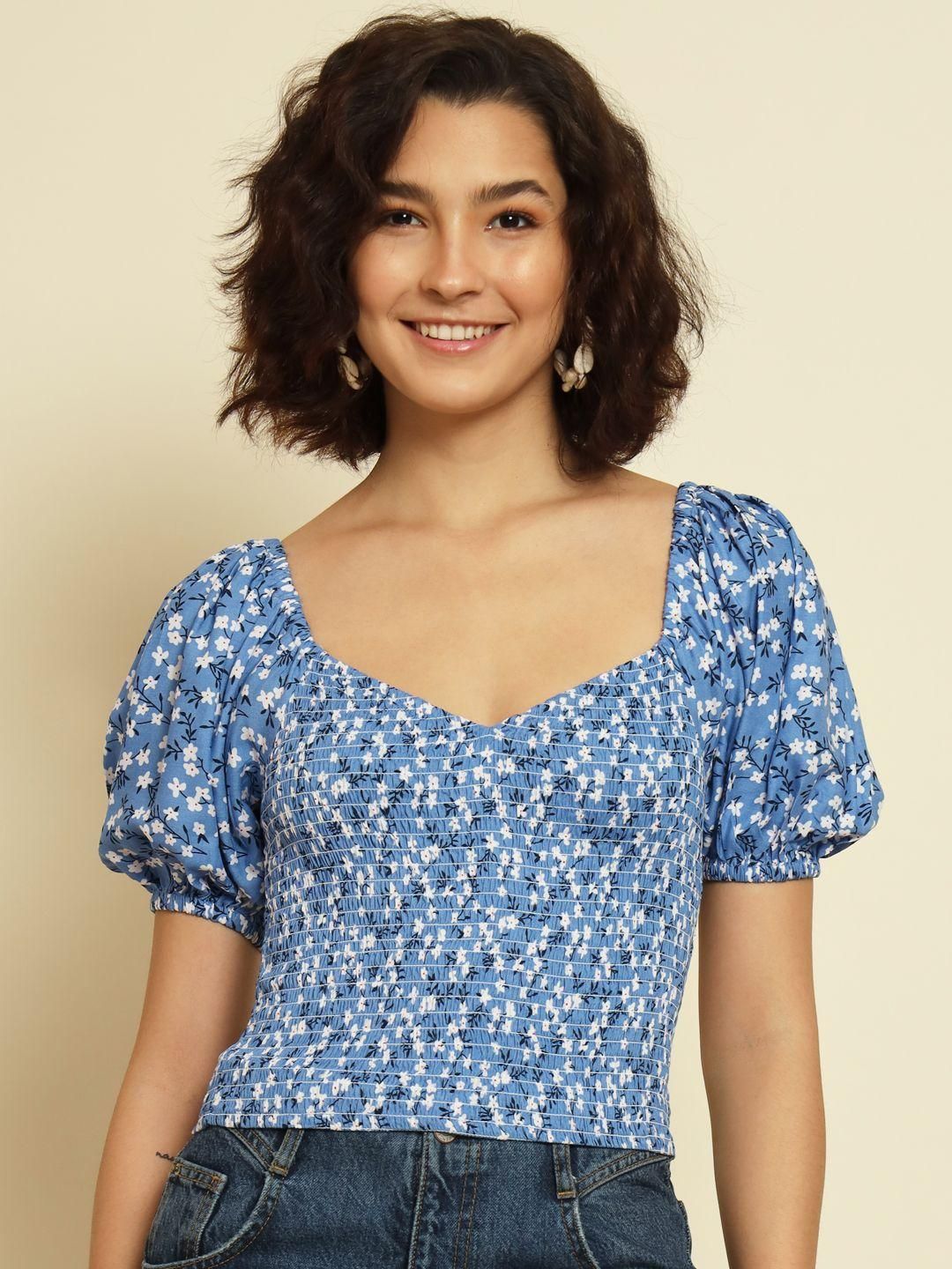 TRENDARREST Blue Floral Printed Top