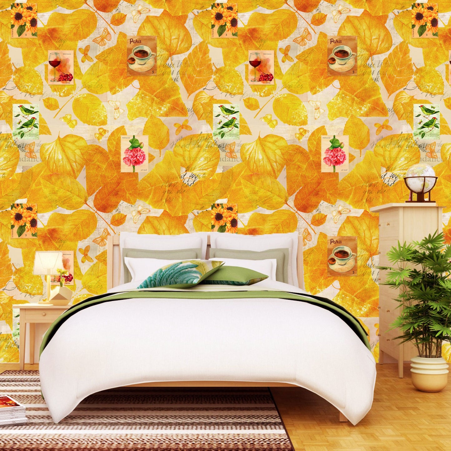 WallDaddy Wallpaper For Wall Self Adhesive Sizee (300x40)Cm Roll Wall Sticker For Home Design Yellow Stamp Leaf