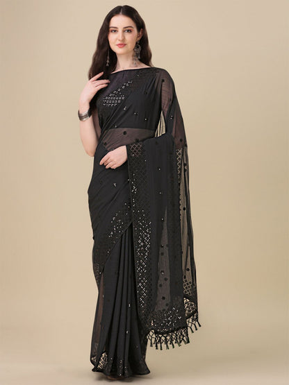 Fancy Sequined Embroidered Black Coloured Georgette Saree with Blouse Piece