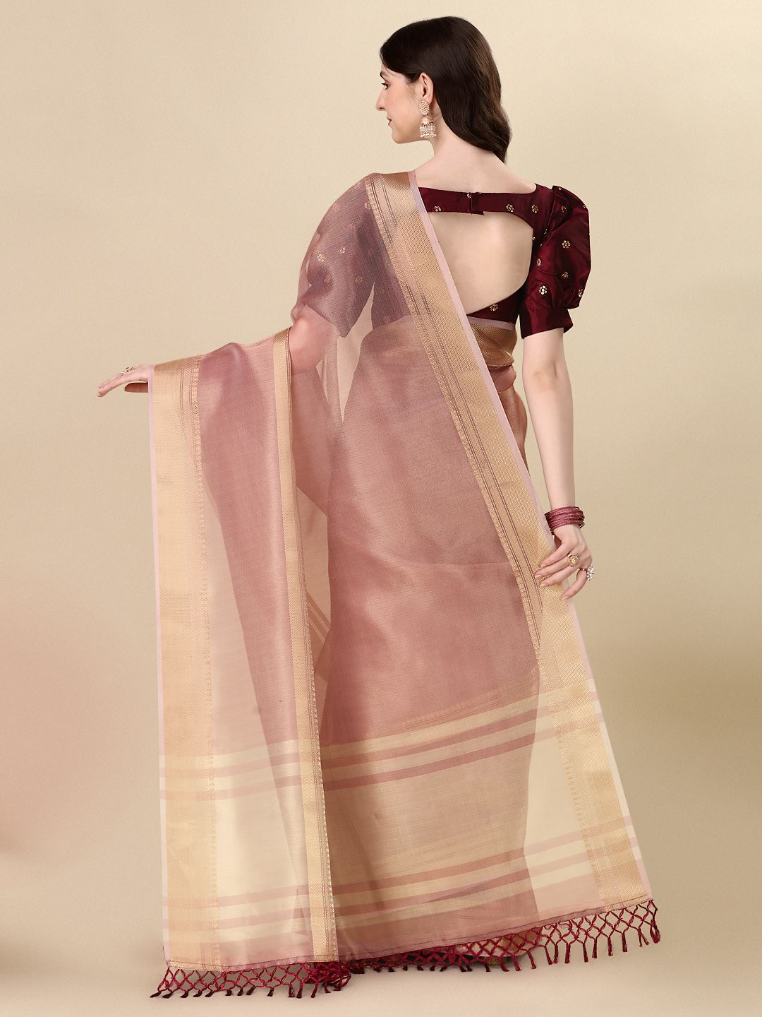 Fancy Embellished Beige and Maroon Coloured Silk Saree with Blouse Piece