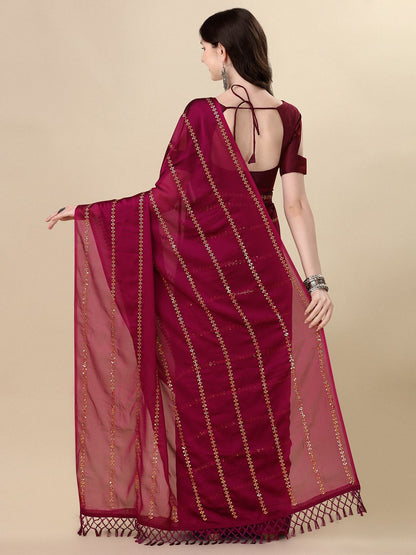 Fancy Sequined Embroidered Purple Coloured Silk Saree with Blouse Piece