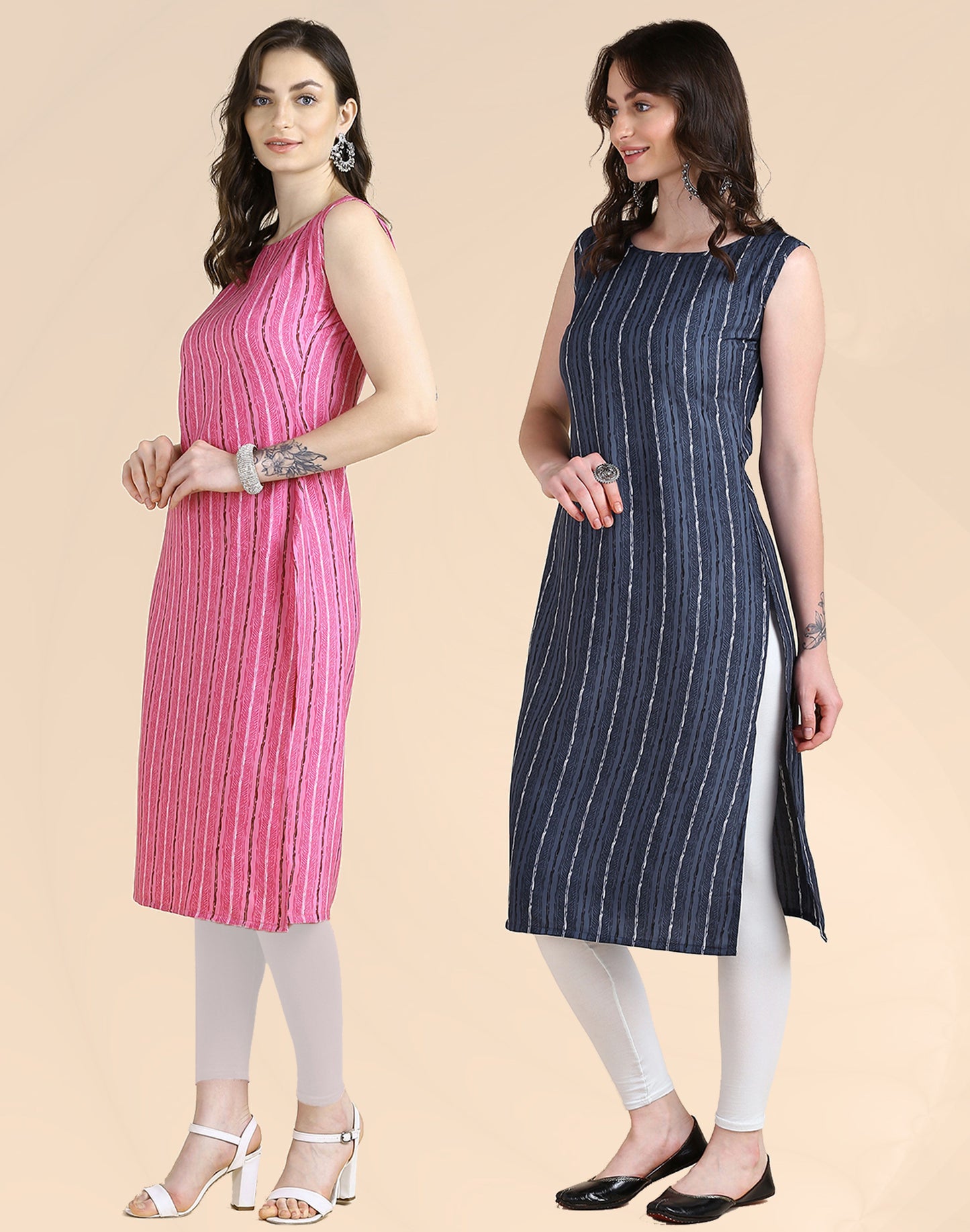 Women's Sleeveless Boat Neck Solid Casual Fancy Long Kurtis (combo Pack Of 2)