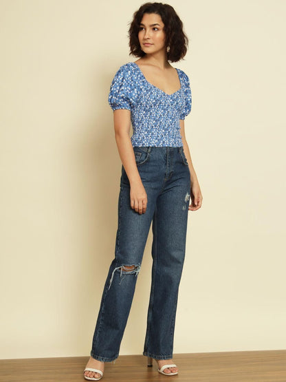 TRENDARREST Blue Floral Printed Top