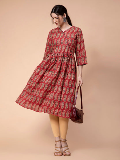 Fabclub Cotton Ajrakh Printed Angarkha Anarkali Women Kurti (Maroon)