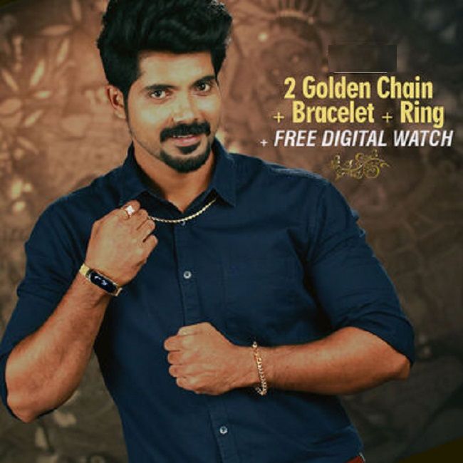 Fidato Pack Of 2 Golden Chain With Golden Bracelet And Diamond Ring + Free Digital Watch Combo