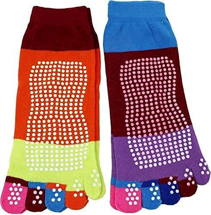 Women's Cotton Anti Slip Five Finger Yoga & Gym Ankle Length Printed Socks with No Fall Grip Under Pack of 1 Pair