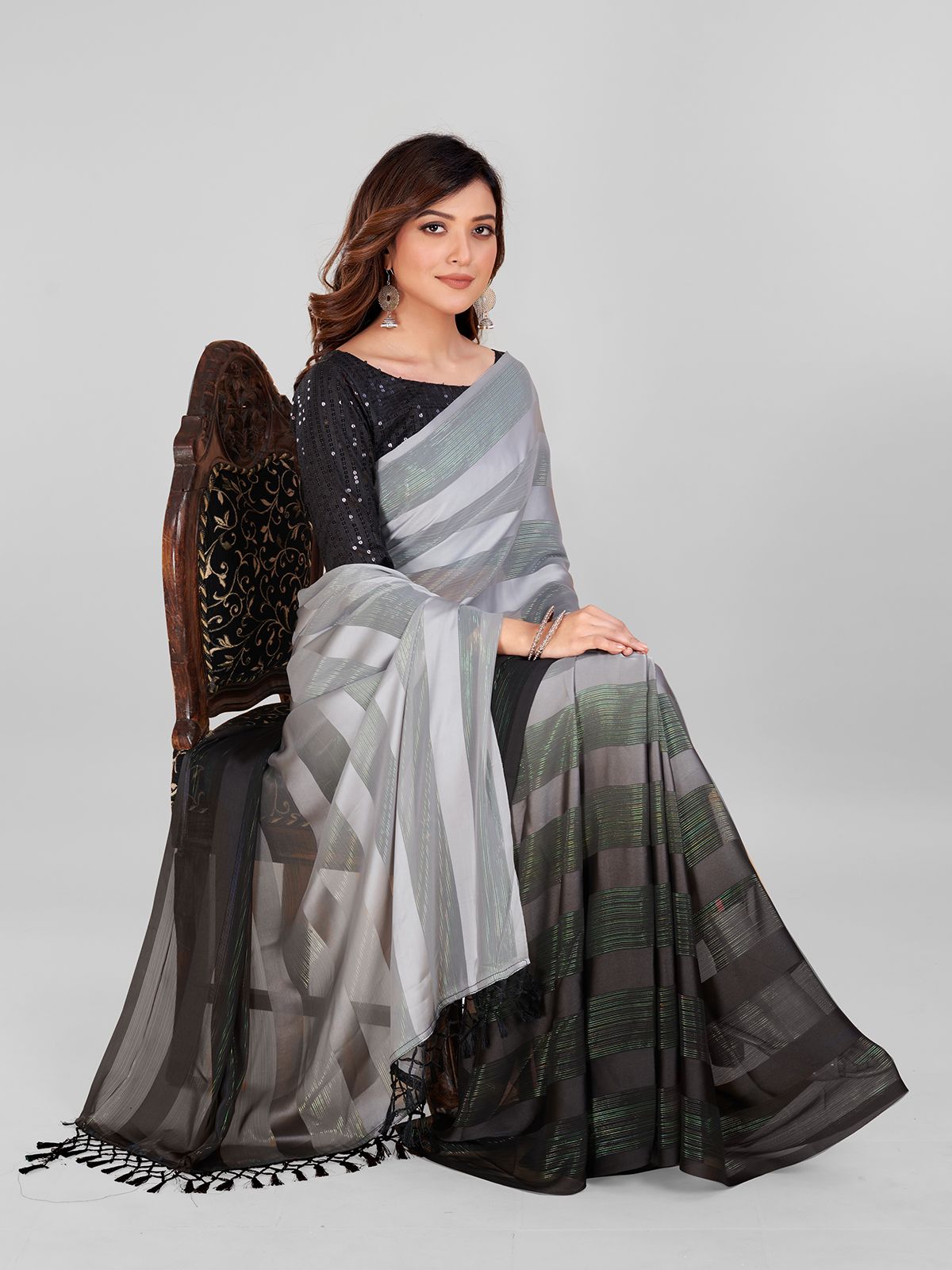 Fancy Embellished Grey and Black Coloured Silk Blend Saree with Blouse Piece