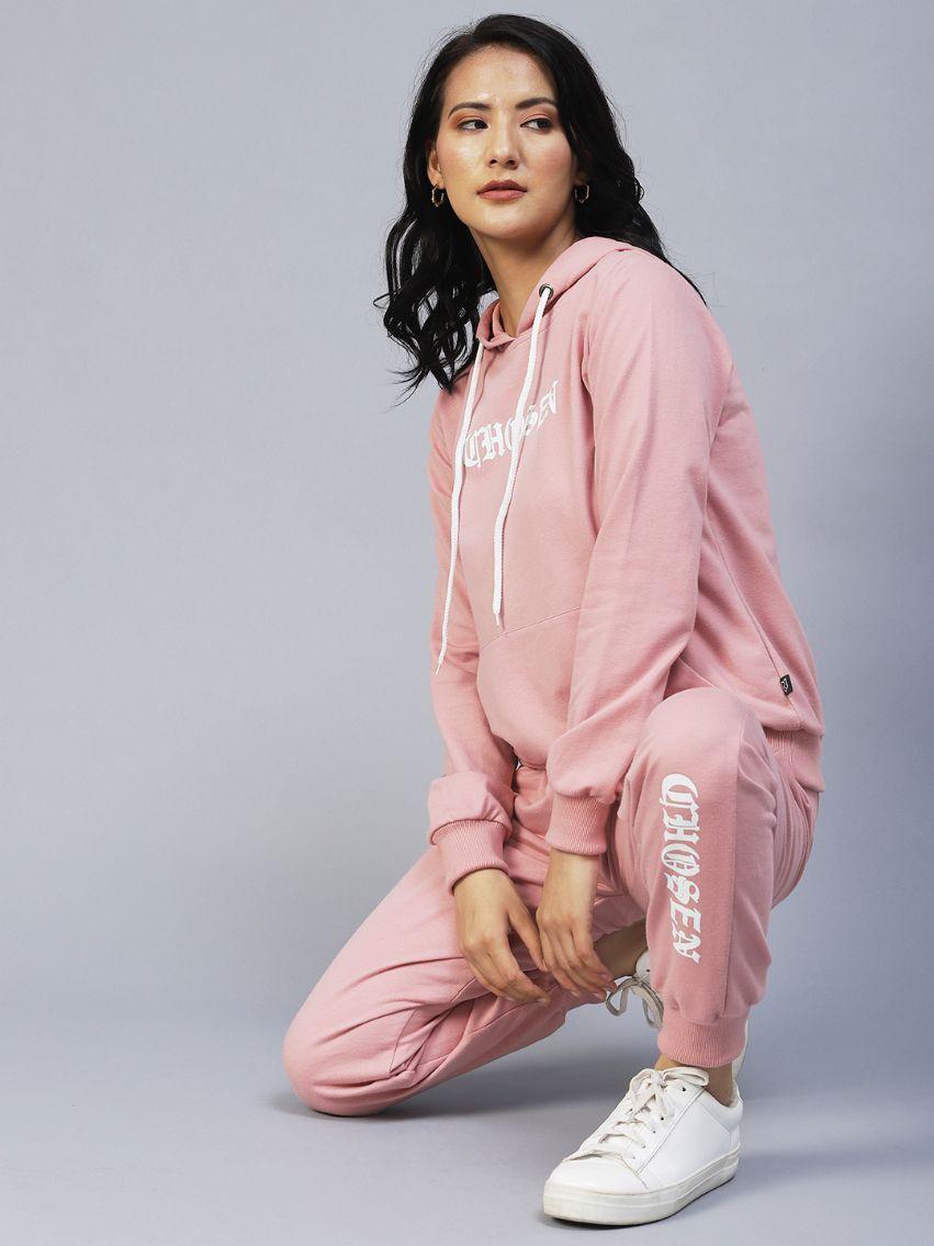 Rigo Women's Cotton Peach Typography Print Hooded Tracksuit