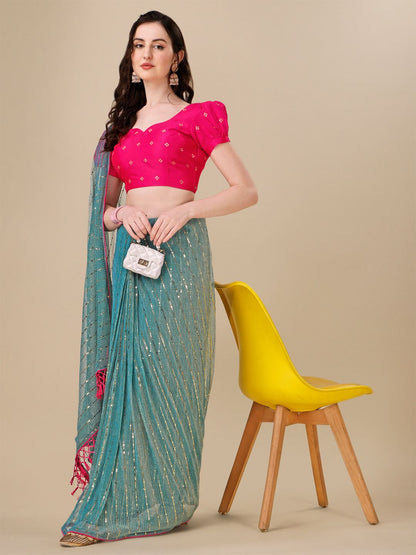 Fancy Embellished Turquoise Coloured Silk Blend Saree with Blouse Piece